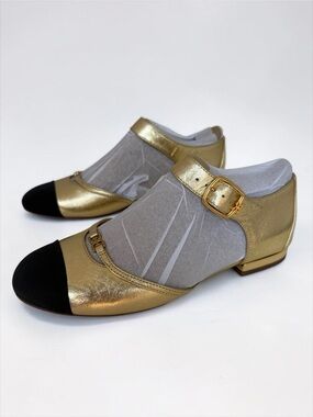 Sam Edelman Rylie Cap Toe Mary Jane Flats Metallic Gold with Black